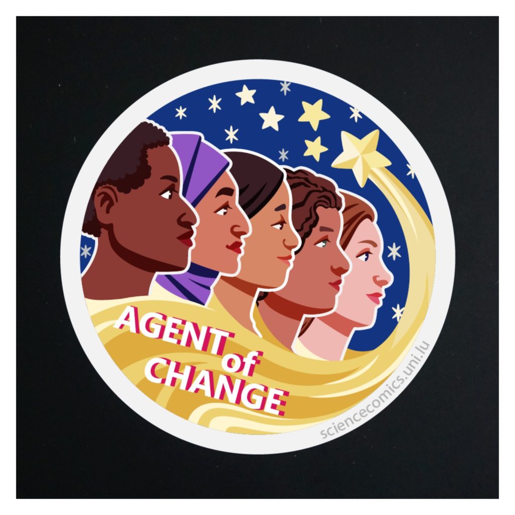 A round sticker depicting five women heads in front of a night sky. Within the tail of a meteor you can read 